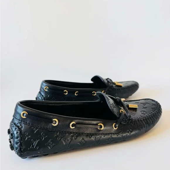 NWOT Louis Vuitton Black Monogram Loafers with Gold Accents - Picture 6 of 16